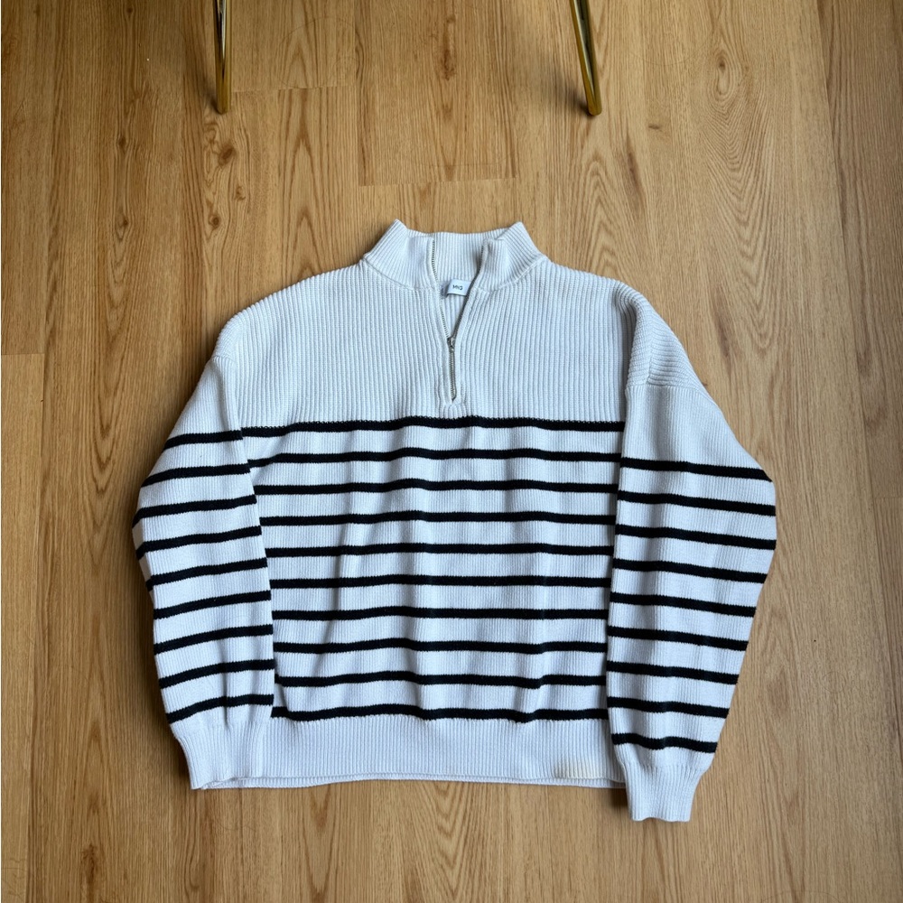 Mango White and Black Zip Up Sweater with Stripes